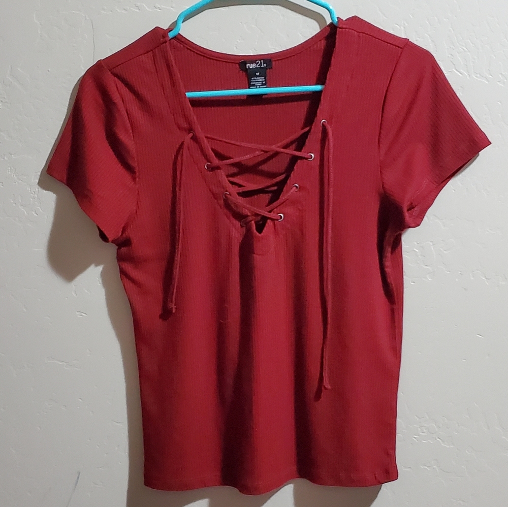 Rue 21 burgundy lace up shirt - Picture 4 of 7